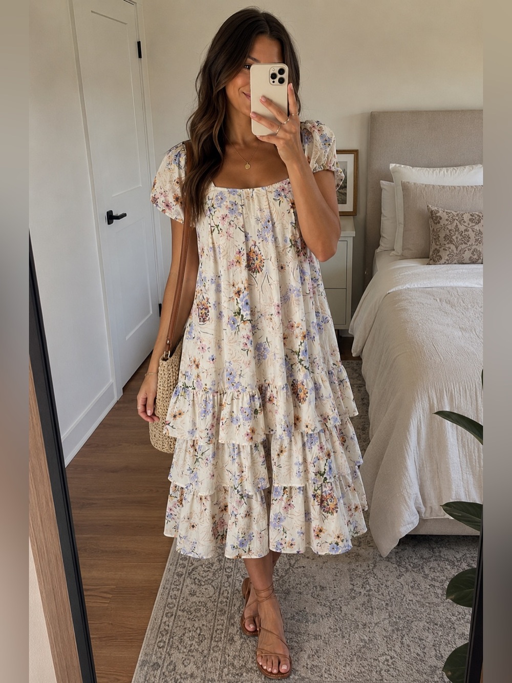 Anthropologie Tiered Floral Cap-Sleeve Dress Size S
